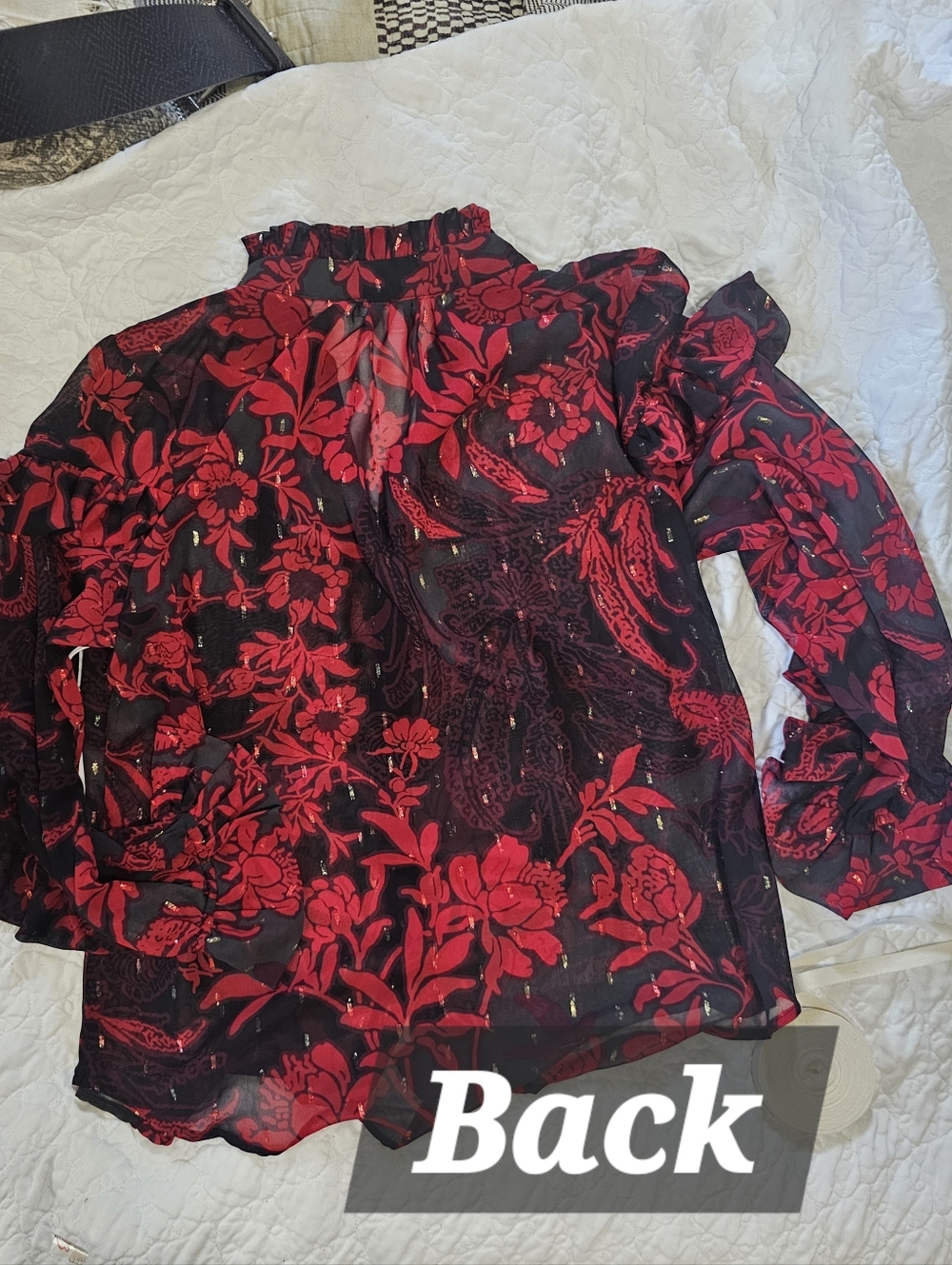 Chicos Sheer Red Black Floral Ruffled Blouse NWT 2 - Picture 5 of 16